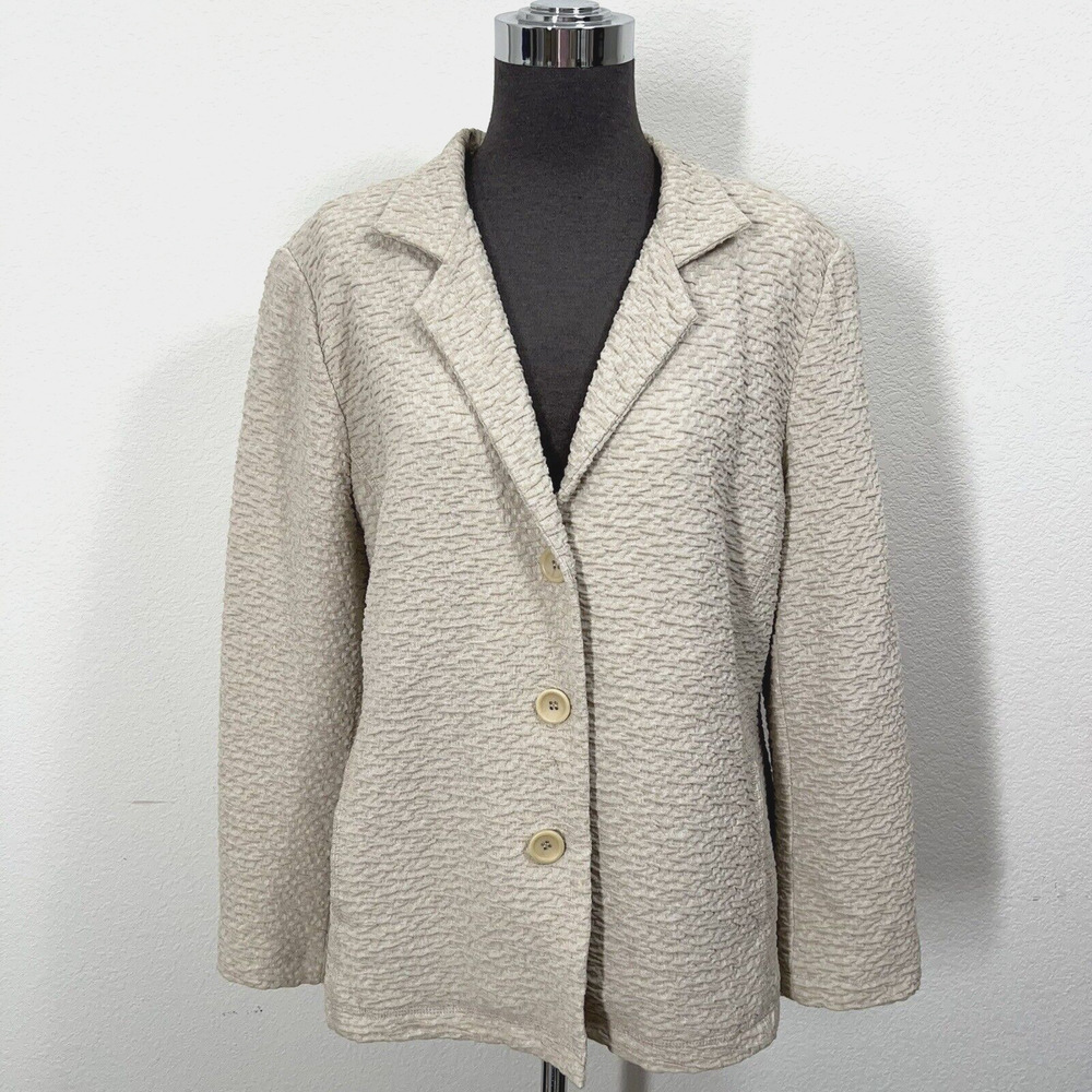 Eileen Fisher Blazer Women M Beige 3 Button Jacket Lined Long Sleeve Crinkle